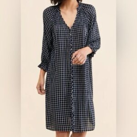 Anthropologie Dresses & Skirts - Anthropologie - Maeve Sara Navy Blue Windowpane Plaid Midi Dress Size Medium